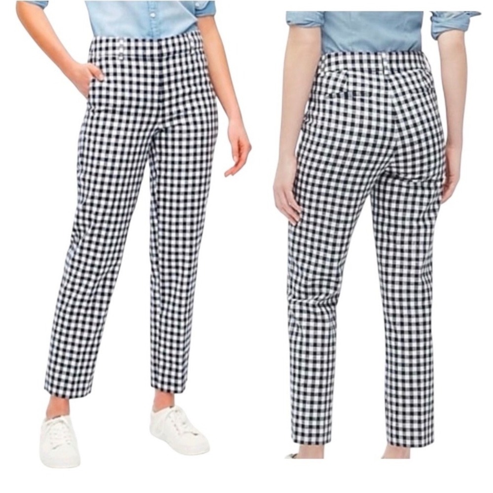 J.Crew Martie Pants Women 4 Navy White Gingham Side Zip Slim Cropped Trousers